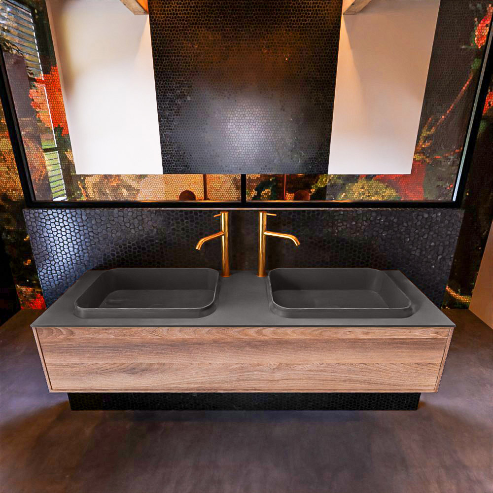 MONDIAZ ERIN 150cm mueble de baño color Dark Brown Grey 1 cajón. Lavabo RIDGE Doble 2 orificios color Dark Grey. 3 MONDIAZ ERIN 150cm mueble de baño color Dark Brown Grey 1 cajón. Lavabo RIDGE Doble 2 orificios color Dark Grey. - Imagen 3