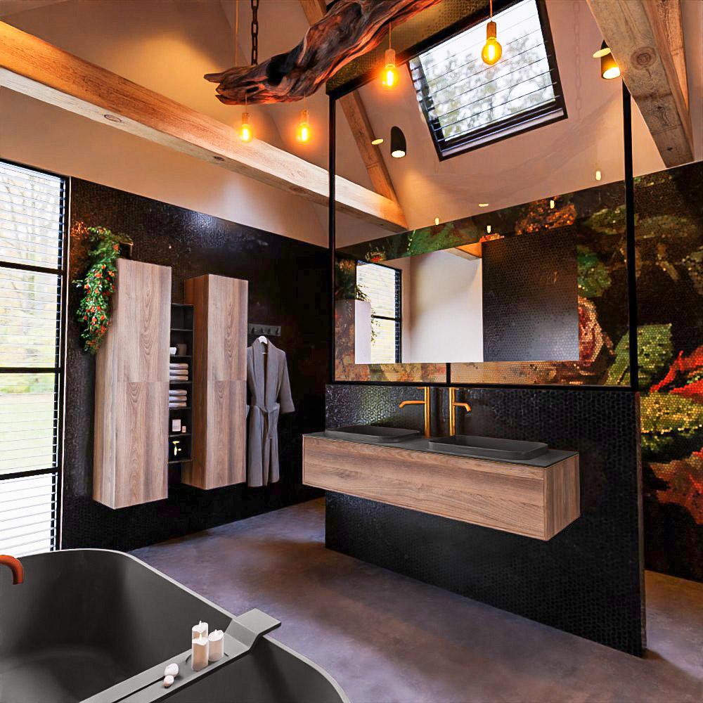 MONDIAZ ERIN 150cm mueble de baño color Dark Brown Grey 1 cajón. Lavabo RIDGE Doble 2 orificios color Dark Grey. 2 MONDIAZ ERIN 150cm mueble de baño color Dark Brown Grey 1 cajón. Lavabo RIDGE Doble 2 orificios color Dark Grey. - Imagen 2
