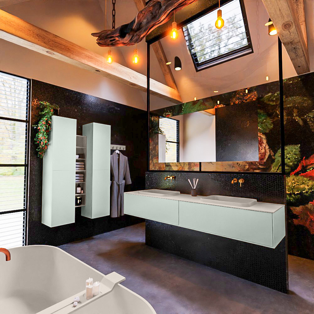 MONDIAZ ERIN 200cm mueble de baño color Greey 2 cajones. Lavabo RIDGE Doble sin orificio color Linen. 2 MONDIAZ ERIN 200cm mueble de baño color Greey 2 cajones. Lavabo RIDGE Doble sin orificio color Linen. - Imagen 2