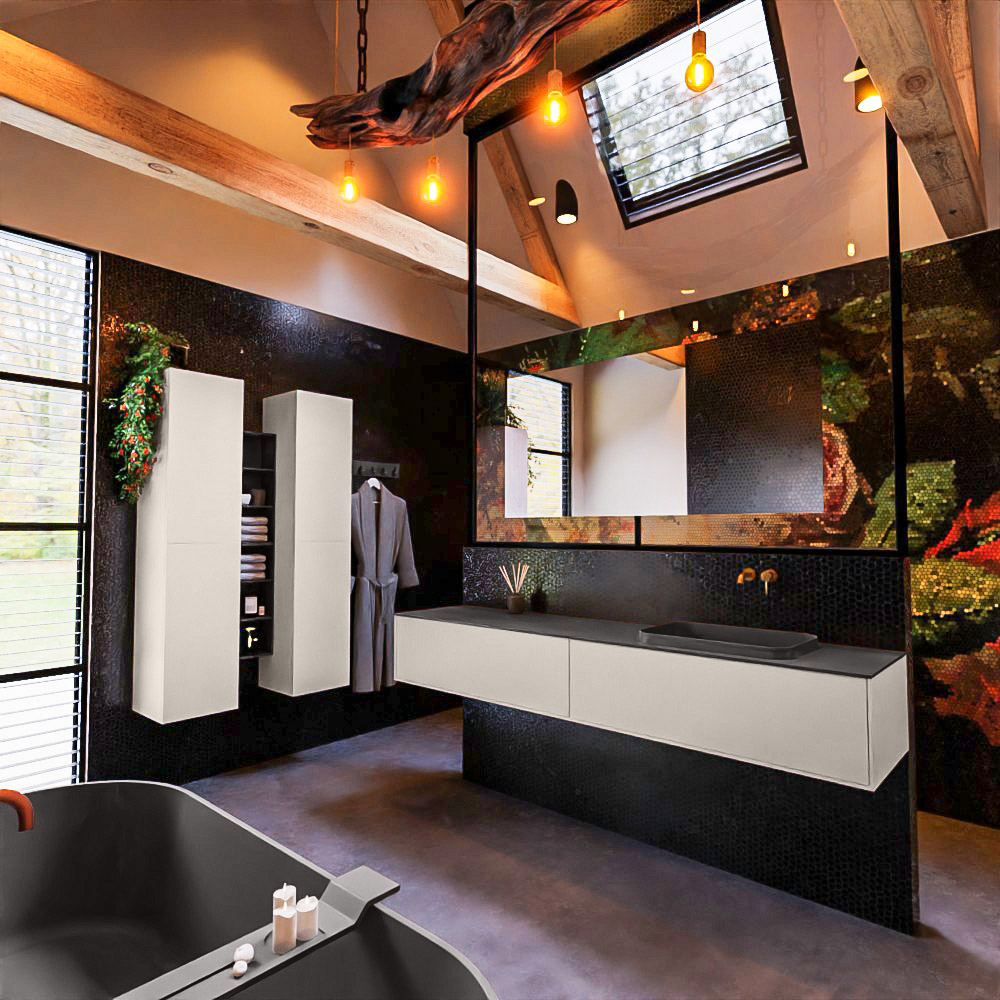 MONDIAZ ERIN 200cm mueble de baño color Linen 2 cajones. Lavabo RIDGE Derecho sin orificio color Dark Grey. 2 MONDIAZ ERIN 200cm mueble de baño color Linen 2 cajones. Lavabo RIDGE Derecho sin orificio color Dark Grey. - Imagen 2