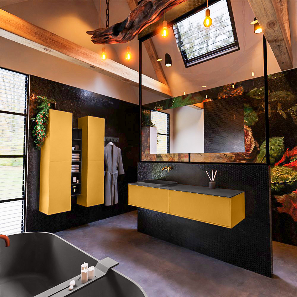 MONDIAZ ERIN 150cm mueble de baño color Ocher 2 cajones. Lavabo RIDGE Izquierda sin orificio color Dark Grey. 2 MONDIAZ ERIN 150cm mueble de baño color Ocher 2 cajones. Lavabo RIDGE Izquierda sin orificio color Dark Grey. - Imagen 2