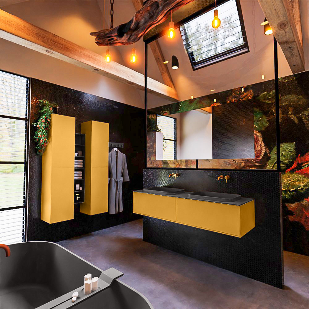 MONDIAZ ERIN 150cm mueble de baño color Ocher 2 cajones. Lavabo RIDGE Doble sin orificio color Dark Grey. 2 MONDIAZ ERIN 150cm mueble de baño color Ocher 2 cajones. Lavabo RIDGE Doble sin orificio color Dark Grey. - Imagen 2