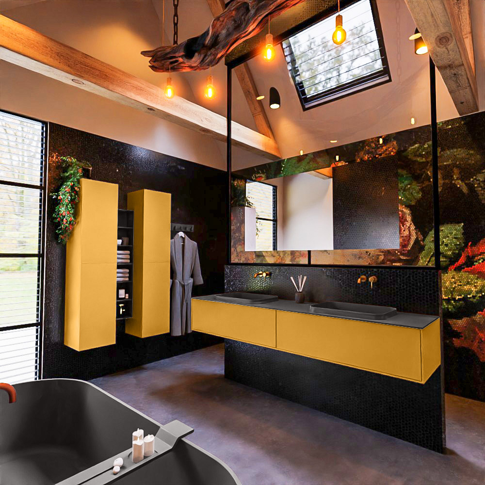 MONDIAZ ERIN 200cm mueble de baño color Ocher 2 cajones. Lavabo RIDGE Doble sin orificio color Dark Grey. 2 MONDIAZ ERIN 200cm mueble de baño color Ocher 2 cajones. Lavabo RIDGE Doble sin orificio color Dark Grey. - Imagen 2