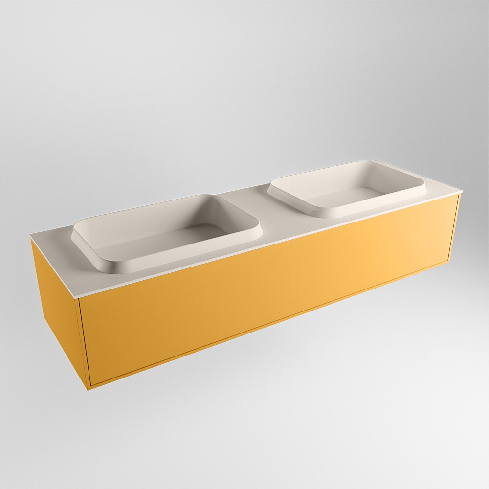 MONDIAZ ERIN 150cm mueble de baño color Ocher 1 cajón. Lavabo RIDGE Doble sin orificio color Linen. 4 MONDIAZ ERIN 150cm mueble de baño color Ocher 1 cajón. Lavabo RIDGE Doble sin orificio color Linen. - Imagen 4