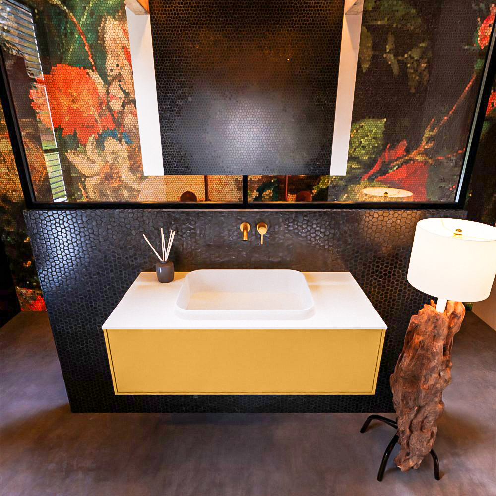 MONDIAZ ERIN 100cm mueble de baño color Ocher 1 cajón. Lavabo RIDGE Centro sin orificio color Talc. 3 MONDIAZ ERIN 100cm mueble de baño color Ocher 1 cajón. Lavabo RIDGE Centro sin orificio color Talc. - Imagen 3