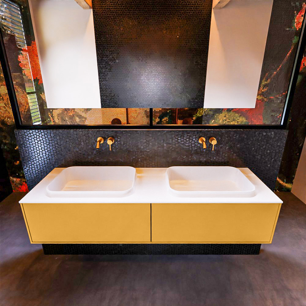 MONDIAZ ERIN 150cm mueble de baño color Ocher 2 cajones. Lavabo RIDGE Doble sin orificio color Talc. 3 MONDIAZ ERIN 150cm mueble de baño color Ocher 2 cajones. Lavabo RIDGE Doble sin orificio color Talc. - Imagen 3