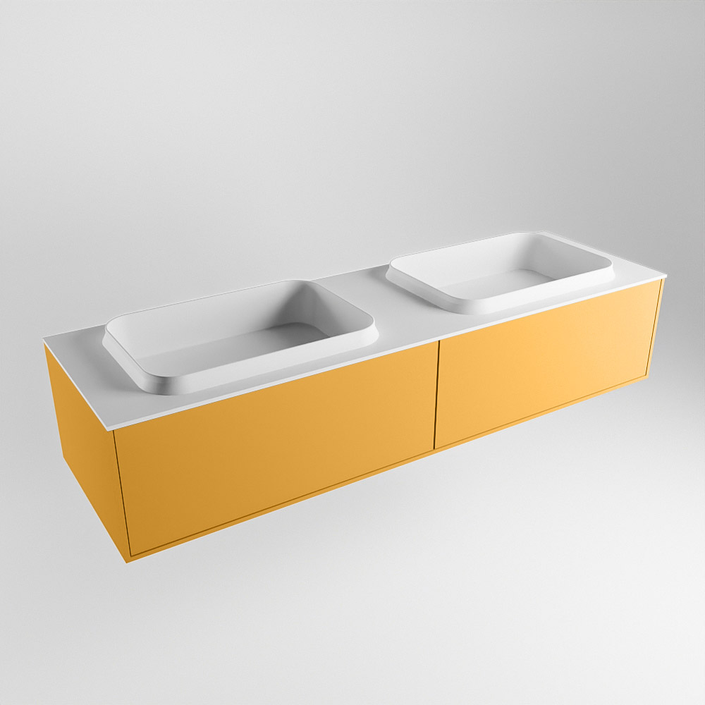 MONDIAZ ERIN 150cm mueble de baño color Ocher 2 cajones. Lavabo RIDGE Doble sin orificio color Talc. 4 MONDIAZ ERIN 150cm mueble de baño color Ocher 2 cajones. Lavabo RIDGE Doble sin orificio color Talc. - Imagen 4