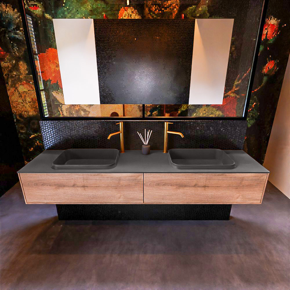 MONDIAZ ERIN 200cm mueble de baño color Washed Oak 2 cajones. Lavabo RIDGE Doble 2 orificios color Dark Grey. 3 MONDIAZ ERIN 200cm mueble de baño color Washed Oak 2 cajones. Lavabo RIDGE Doble 2 orificios color Dark Grey. - Imagen 3