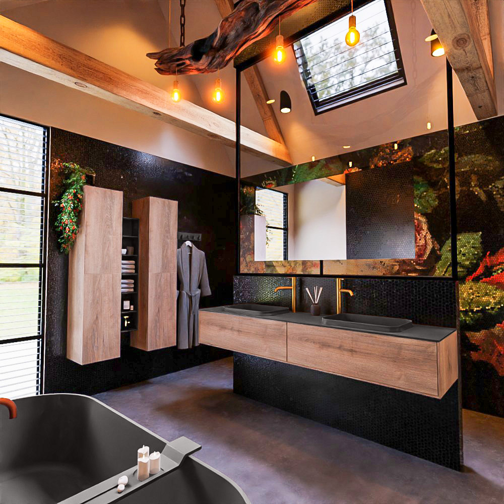 MONDIAZ ERIN 200cm mueble de baño color Washed Oak 2 cajones. Lavabo RIDGE Doble 2 orificios color Dark Grey. 2 MONDIAZ ERIN 200cm mueble de baño color Washed Oak 2 cajones. Lavabo RIDGE Doble 2 orificios color Dark Grey. - Imagen 2