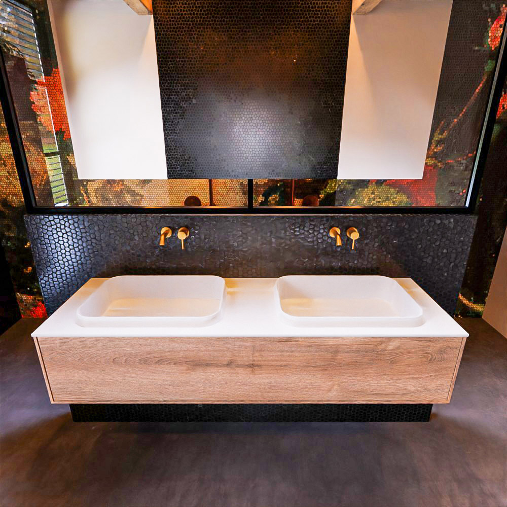 MONDIAZ ERIN 150cm mueble de baño color Washed Oak 1 cajón. Lavabo RIDGE Doble sin orificio color Talc. 3 MONDIAZ ERIN 150cm mueble de baño color Washed Oak 1 cajón. Lavabo RIDGE Doble sin orificio color Talc. - Imagen 3