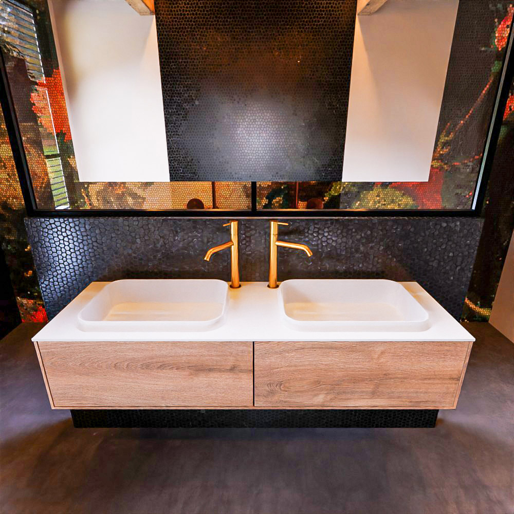 MONDIAZ ERIN 150cm mueble de baño color Washed Oak 2 cajones. Lavabo RIDGE Doble 2 orificios color Talc. 3 MONDIAZ ERIN 150cm mueble de baño color Washed Oak 2 cajones. Lavabo RIDGE Doble 2 orificios color Talc. - Imagen 3