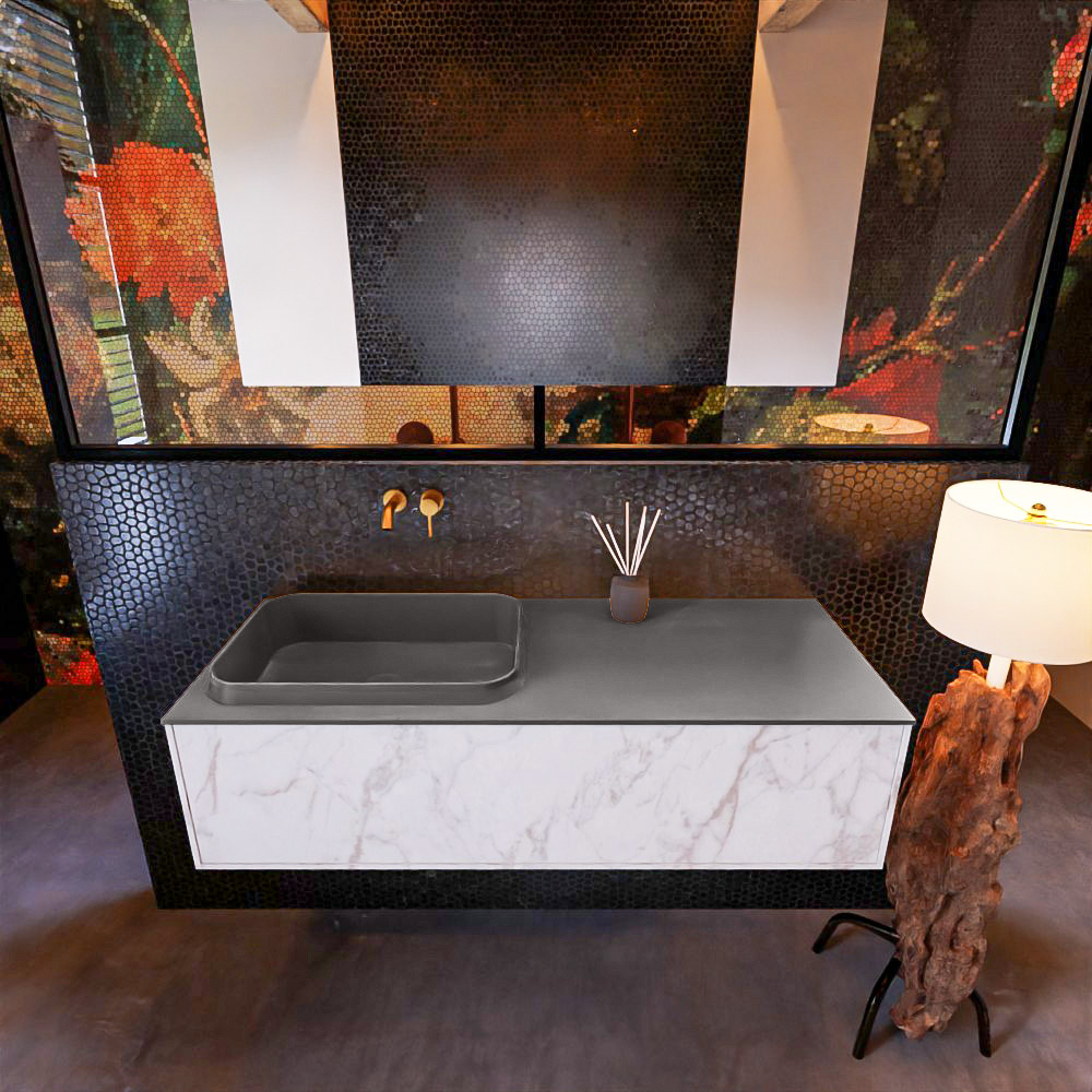 MONDIAZ ERIN 120cm mueble de baño color Carrara 1 cajón. Lavabo RIDGE Izquierda sin orificio color Dark Grey. 2 MONDIAZ ERIN 120cm mueble de baño color Carrara 1 cajón. Lavabo RIDGE Izquierda sin orificio color Dark Grey. - Imagen 2