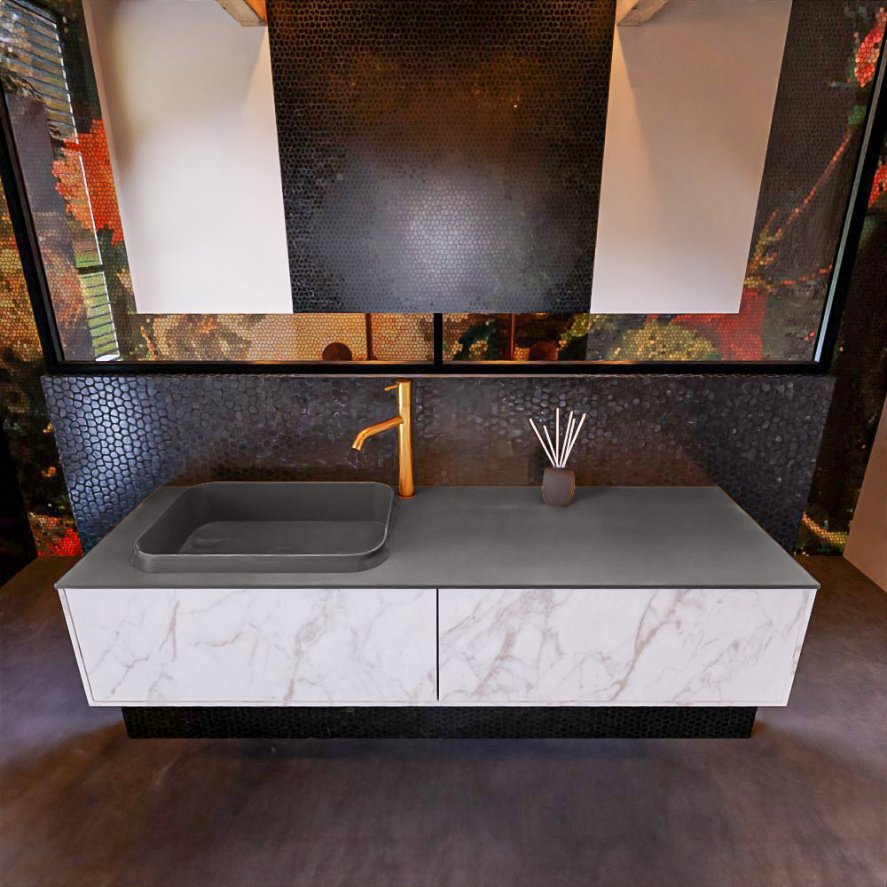 MONDIAZ ERIN 150cm mueble de baño color Carrara 2 cajones. Lavabo RIDGE Izquierda 1 orificio color Dark Grey. 2 MONDIAZ ERIN 150cm mueble de baño color Carrara 2 cajones. Lavabo RIDGE Izquierda 1 orificio color Dark Grey. - Imagen 2