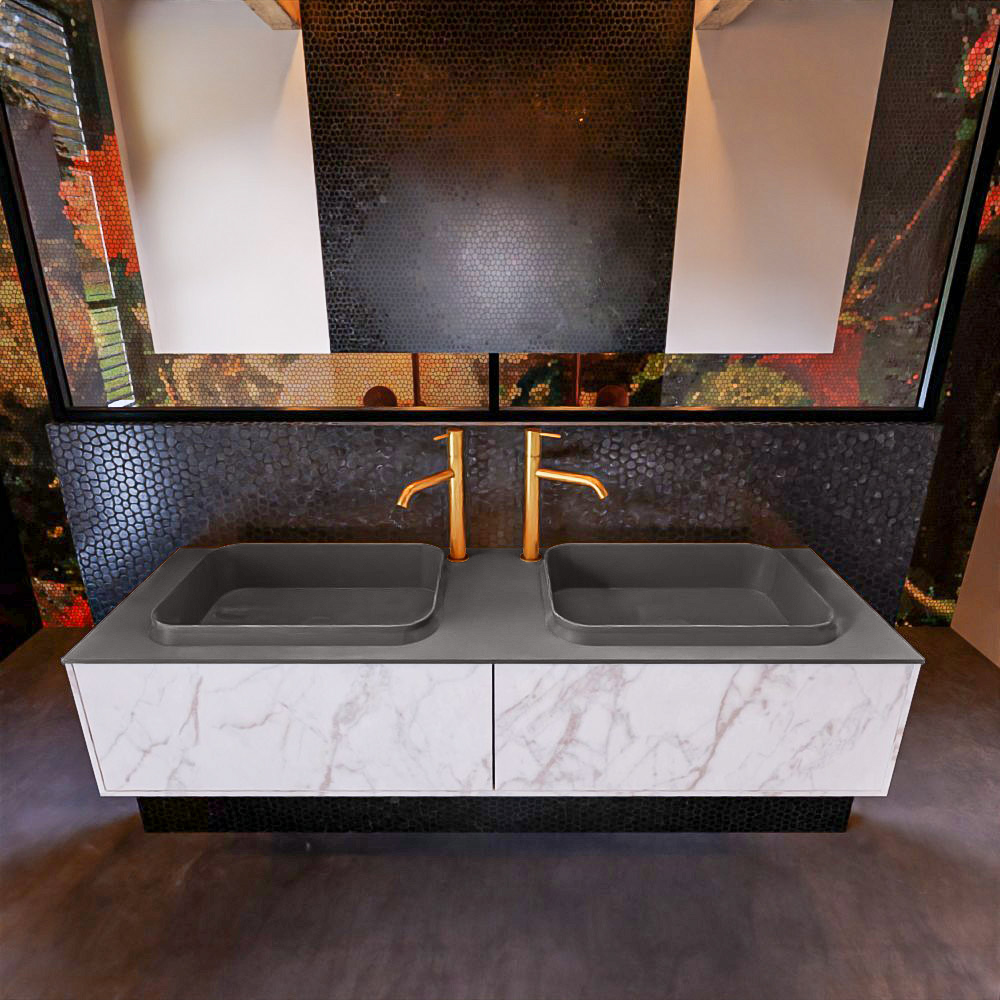 MONDIAZ ERIN 150cm mueble de baño color Carrara 2 cajones. Lavabo RIDGE Doble 2 orificios color Dark Grey. 2 MONDIAZ ERIN 150cm mueble de baño color Carrara 2 cajones. Lavabo RIDGE Doble 2 orificios color Dark Grey. - Imagen 2