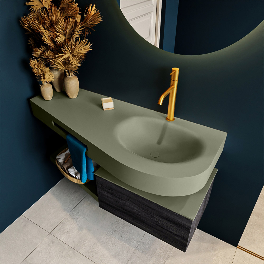 MONDIAZ RIVA 120cm mueble de baño / estante color Antracite con 1 cajón. Lavabo DULCET Derecho 1 orificio, color Army. 2 color Army.