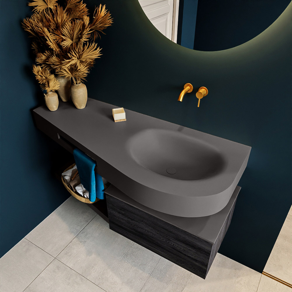 MONDIAZ RIVA 120cm mueble de baño / estante color Antracite con 1 cajón. Lavabo DULCET Derecho sin orificio, color Dark Grey. 2 color Dark Grey.
