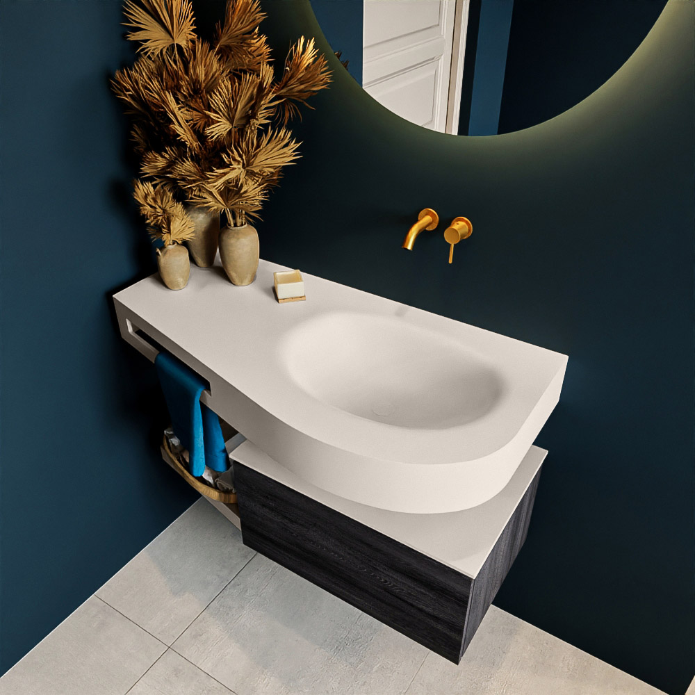 MONDIAZ RIVA 100cm mueble de baño / estante color Antracite con 1 cajón. Lavabo DULCET Derecho sin orificio, color Linen. 2 color Linen.