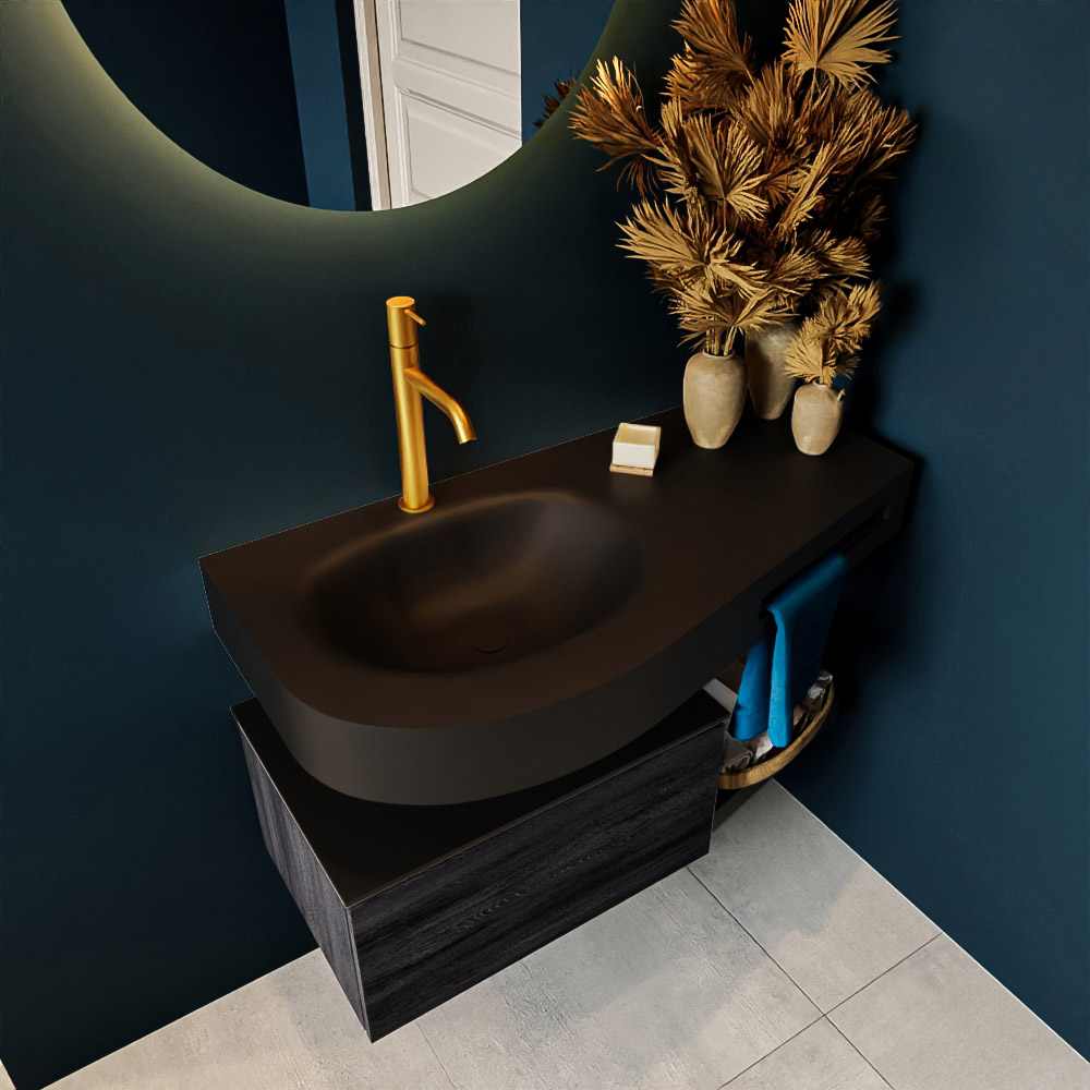 MONDIAZ RIVA 100cm mueble de baño / estante color Antracite con 1 cajón. Lavabo DULCET Izquierda 1 orificio, color Urban. 2 color Urban.
