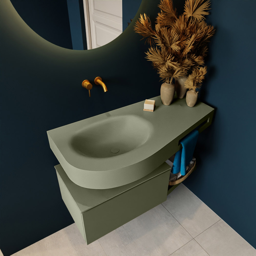 MONDIAZ RIVA 100cm mueble de baño / estante color Army con 1 cajón. Lavabo DULCET Izquierda sin orificio, color Army. 2 color Army.
