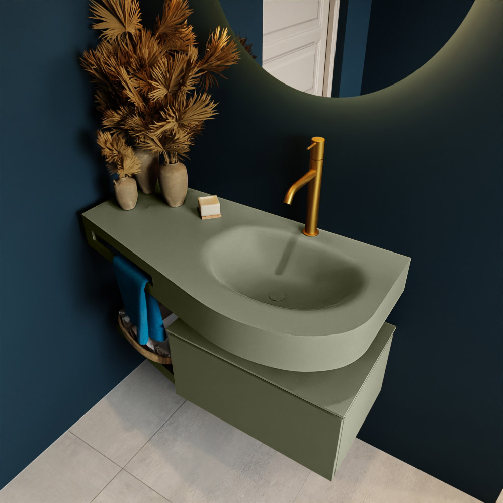 MONDIAZ RIVA 100cm mueble de baño / estante color Army con 1 cajón. Lavabo DULCET Derecho 1 orificio, color Army. 2 color Army.