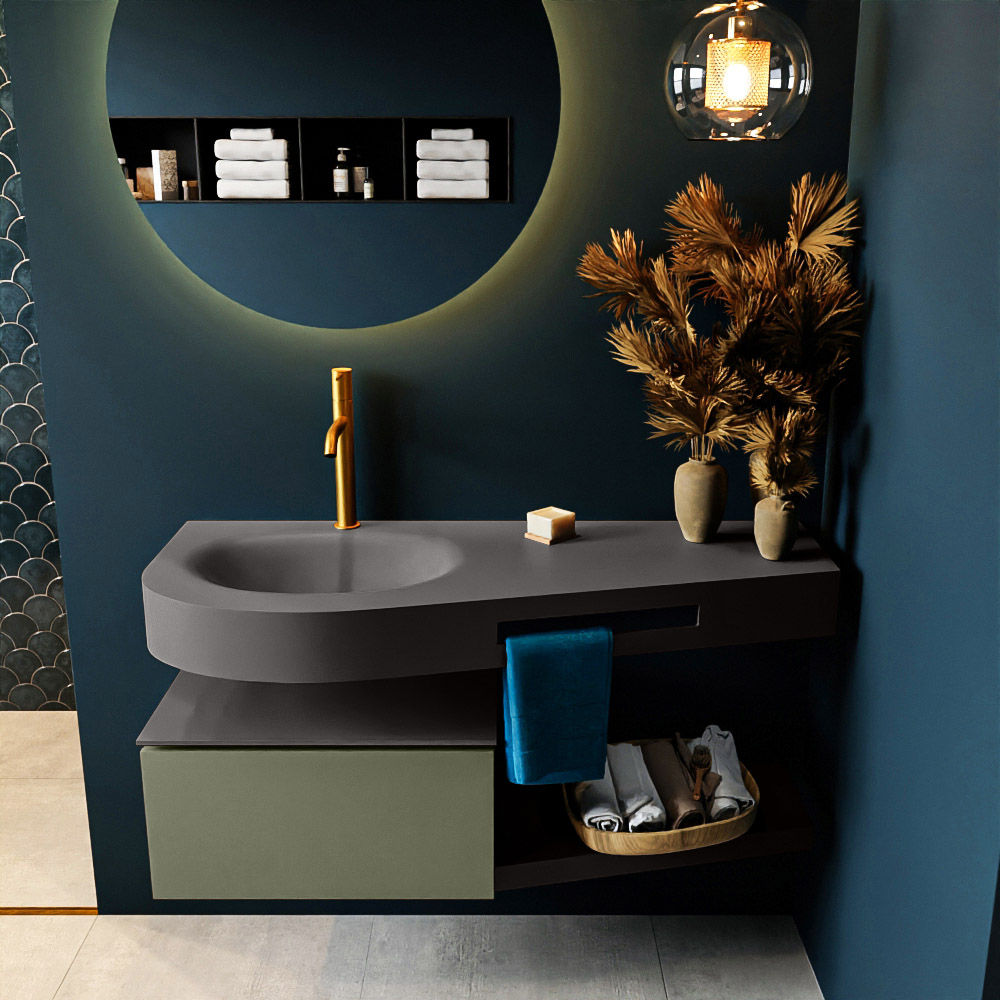 MONDIAZ RIVA 120cm mueble de baño / estante color Army con 1 cajón. Lavabo DULCET Izquierda 1 orificio, color Dark Grey. 3 MONDIAZ RIVA 120cm mueble de baño / estante color Army con 1 cajón. Lavabo DULCET Izquierda 1 orificio, color Dark Grey. - Imagen 3