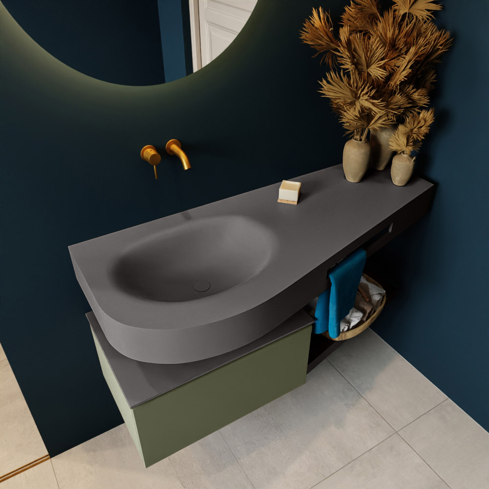 MONDIAZ RIVA 120cm mueble de baño / estante color Army con 1 cajón. Lavabo DULCET Izquierda sin orificio, color Dark Grey. 2 color Dark Grey.
