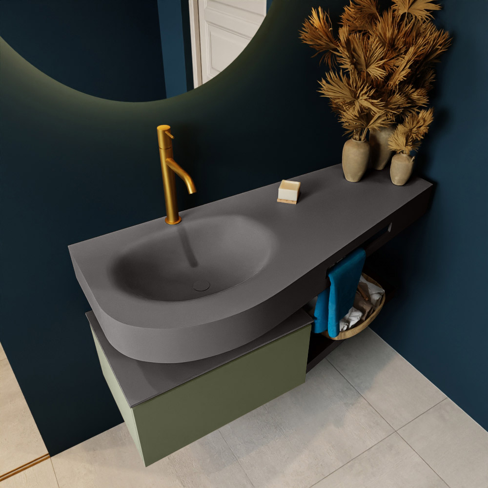 MONDIAZ RIVA 120cm mueble de baño / estante color Army con 1 cajón. Lavabo DULCET Izquierda 1 orificio, color Dark Grey. 2 color Dark Grey.