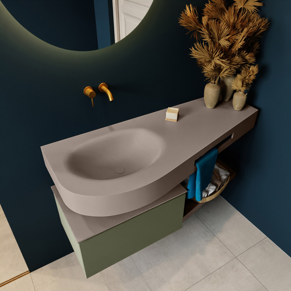 MONDIAZ RIVA 120cm mueble de baño / estante color Army con 1 cajón. Lavabo DULCET Izquierda sin orificio, color Smoke. 2 color Smoke.