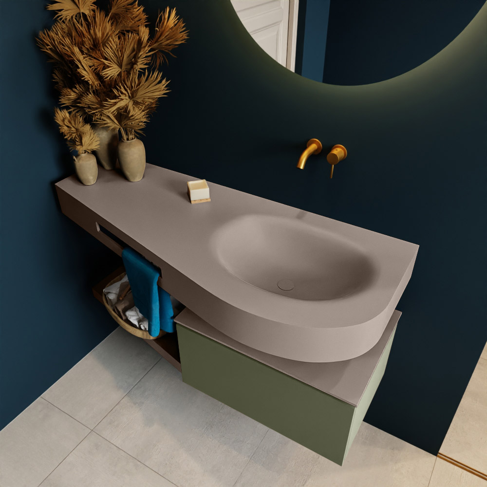 MONDIAZ RIVA 120cm mueble de baño / estante color Army con 1 cajón. Lavabo DULCET Derecho sin orificio, color Smoke. 2 color Smoke.