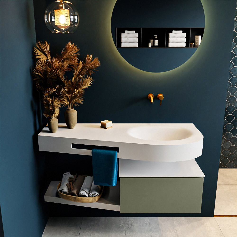 MONDIAZ RIVA 120cm mueble de baño / estante color Army con 1 cajón. Lavabo DULCET Derecho sin orificio, color Talc. 3 MONDIAZ RIVA 120cm mueble de baño / estante color Army con 1 cajón. Lavabo DULCET Derecho sin orificio, color Talc. - Imagen 3
