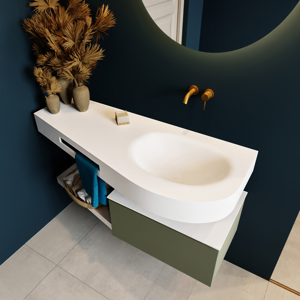 MONDIAZ RIVA 120cm mueble de baño / estante color Army con 1 cajón. Lavabo DULCET Derecho sin orificio, color Talc. 2 color Talc.
