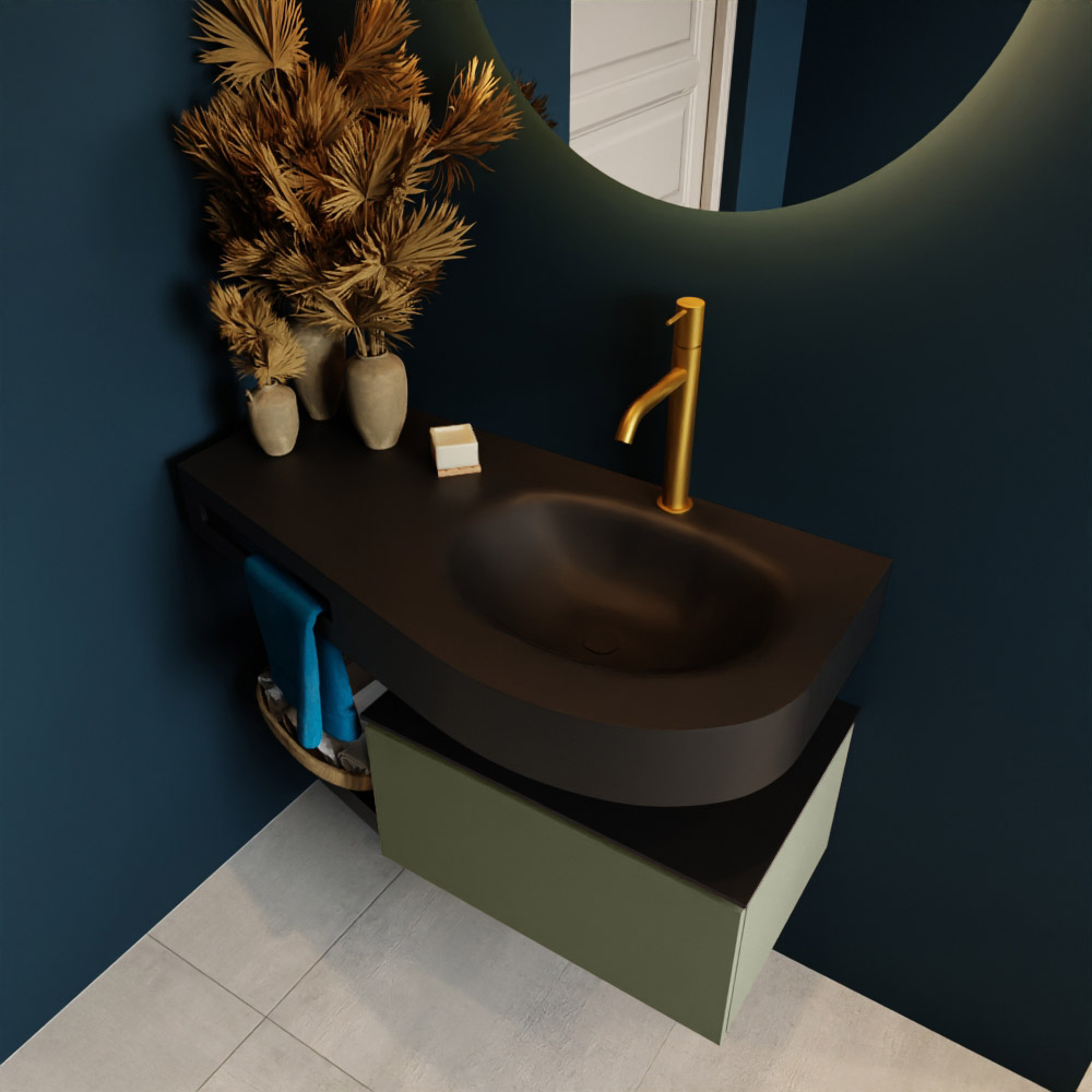 MONDIAZ RIVA 100cm mueble de baño / estante color Army con 1 cajón. Lavabo DULCET Derecho 1 orificio, color Urban. 2 color Urban.