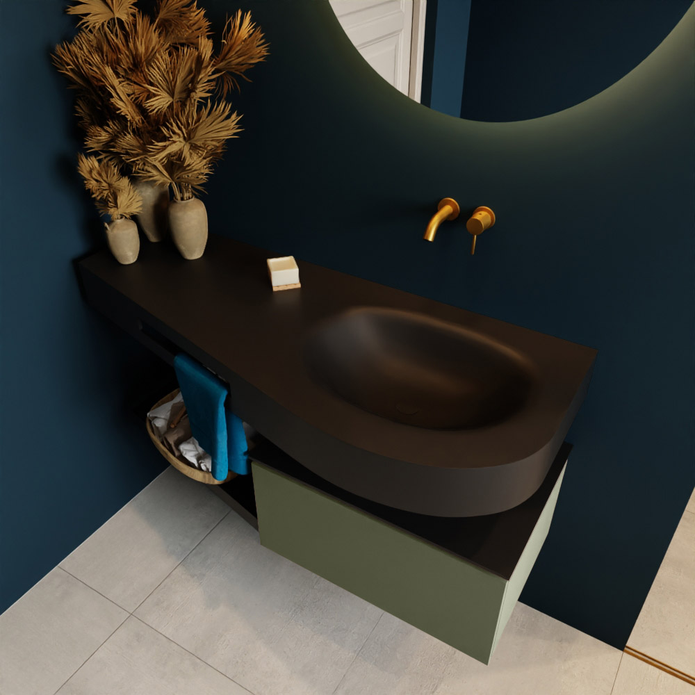 MONDIAZ RIVA 120cm mueble de baño / estante color Army con 1 cajón. Lavabo DULCET Derecho sin orificio, color Urban. 2 color Urban.