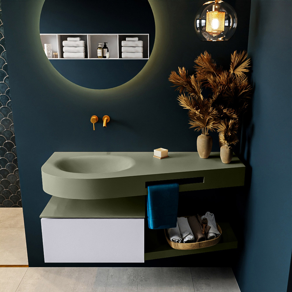 MONDIAZ RIVA 120cm mueble de baño / estante color Cale con 1 cajón. Lavabo DULCET Izquierda sin orificio, color Army. 3 MONDIAZ RIVA 120cm mueble de baño / estante color Cale con 1 cajón. Lavabo DULCET Izquierda sin orificio, color Army. - Imagen 3