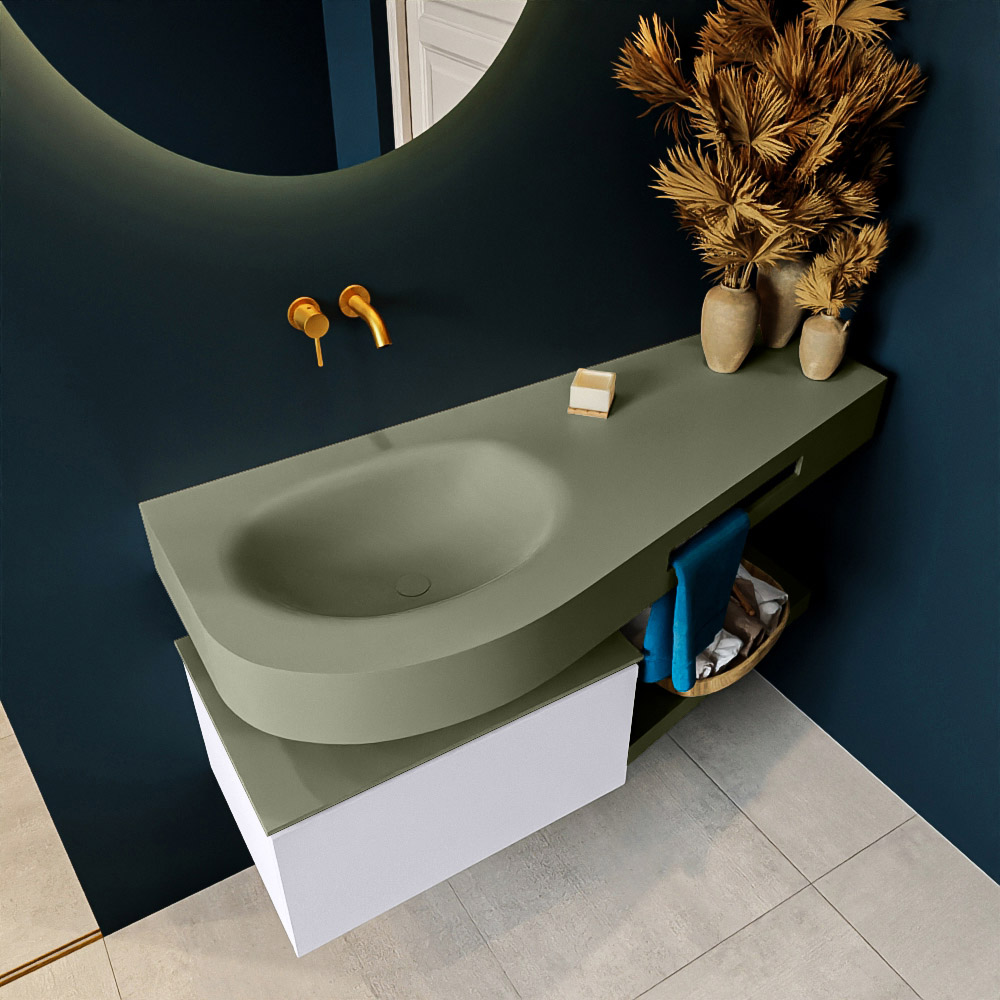 MONDIAZ RIVA 120cm mueble de baño / estante color Cale con 1 cajón. Lavabo DULCET Izquierda sin orificio, color Army. 2 color Army.