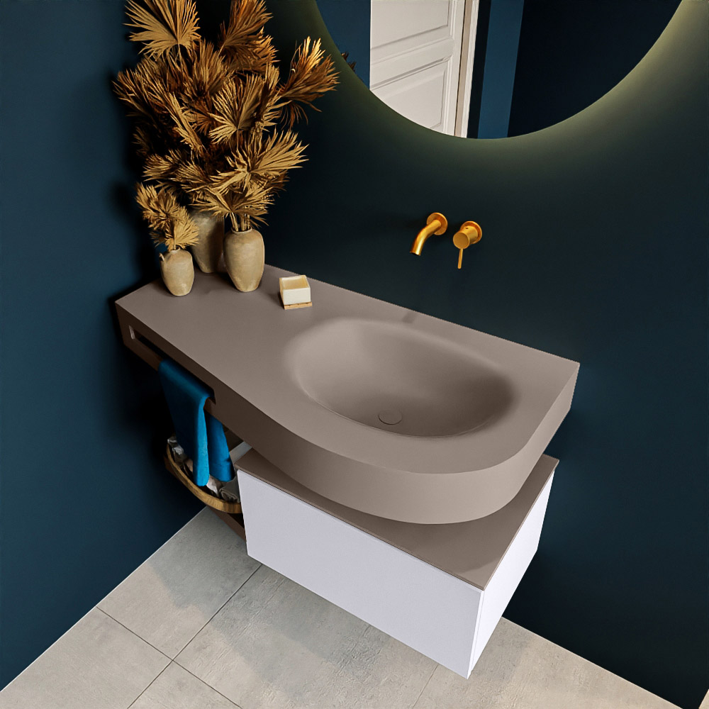 MONDIAZ RIVA 100cm mueble de baño / estante color Cale con 1 cajón. Lavabo DULCET Derecho sin orificio, color Smoke. 2 color Smoke.