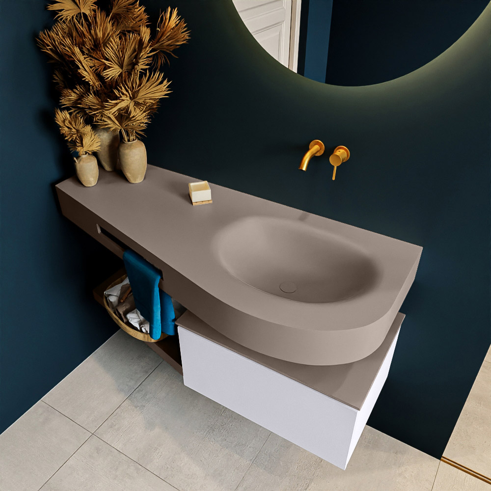 MONDIAZ RIVA 120cm mueble de baño / estante color Cale con 1 cajón. Lavabo DULCET Derecho sin orificio, color Smoke. 2 color Smoke.