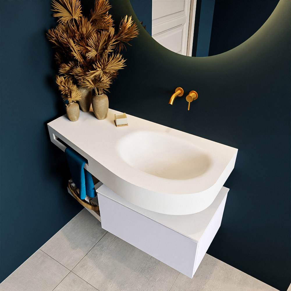 MONDIAZ RIVA 100cm mueble de baño / estante color Cale con 1 cajón. Lavabo DULCET Derecho sin orificio, color Talc. 2 color Talc.