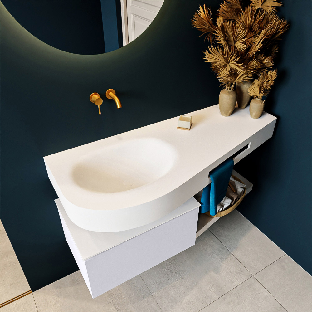 MONDIAZ RIVA 120cm mueble de baño / estante color Cale con 1 cajón. Lavabo DULCET Izquierda sin orificio, color Talc. 2 color Talc.