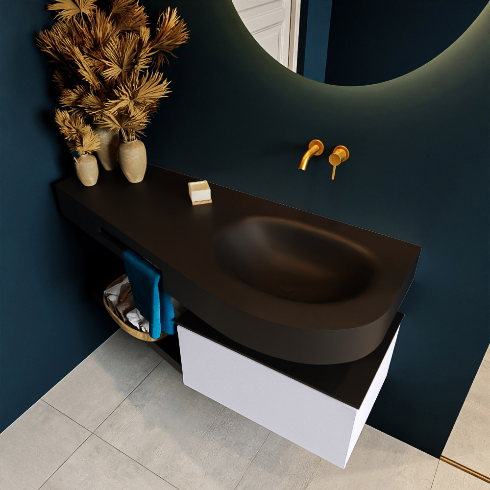 MONDIAZ RIVA 120cm mueble de baño / estante color Cale con 1 cajón. Lavabo DULCET Derecho sin orificio, color Urban. 2 color Urban.