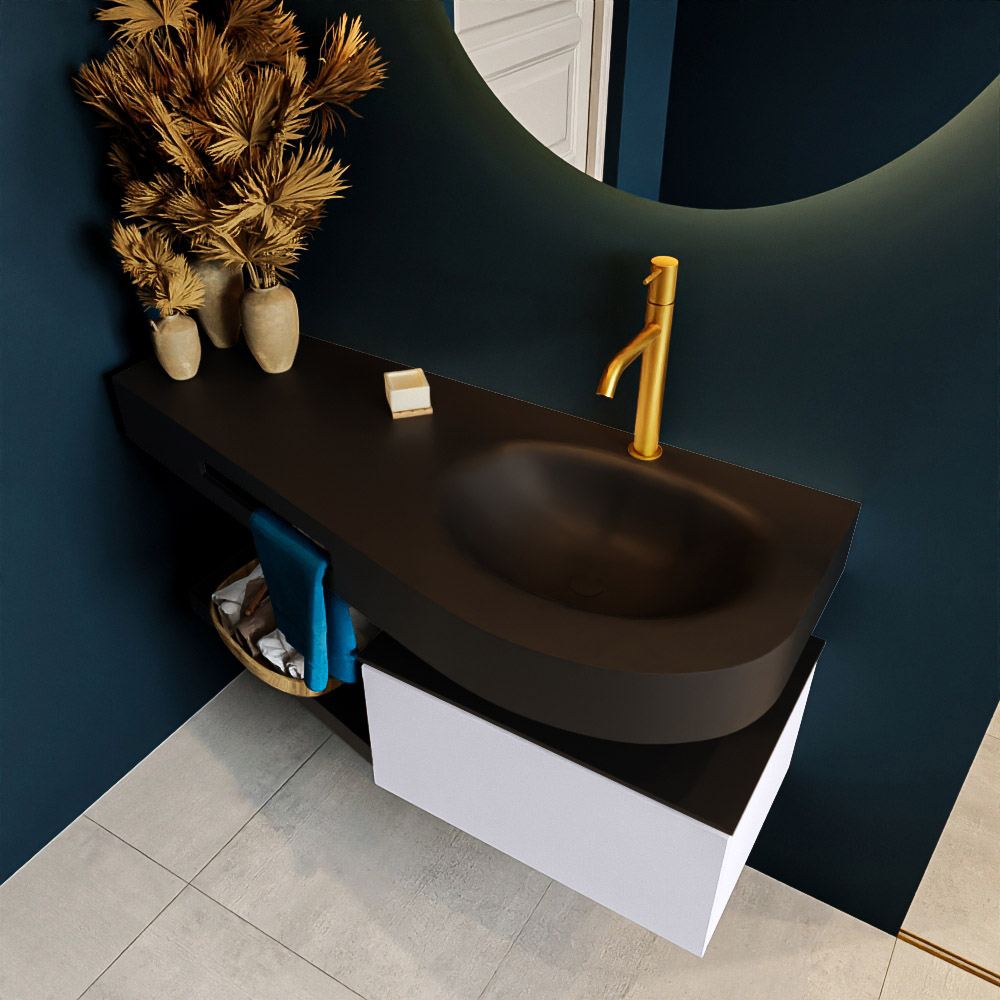 MONDIAZ RIVA 120cm mueble de baño / estante color Cale con 1 cajón. Lavabo DULCET Derecho 1 orificio, color Urban. 2 color Urban.