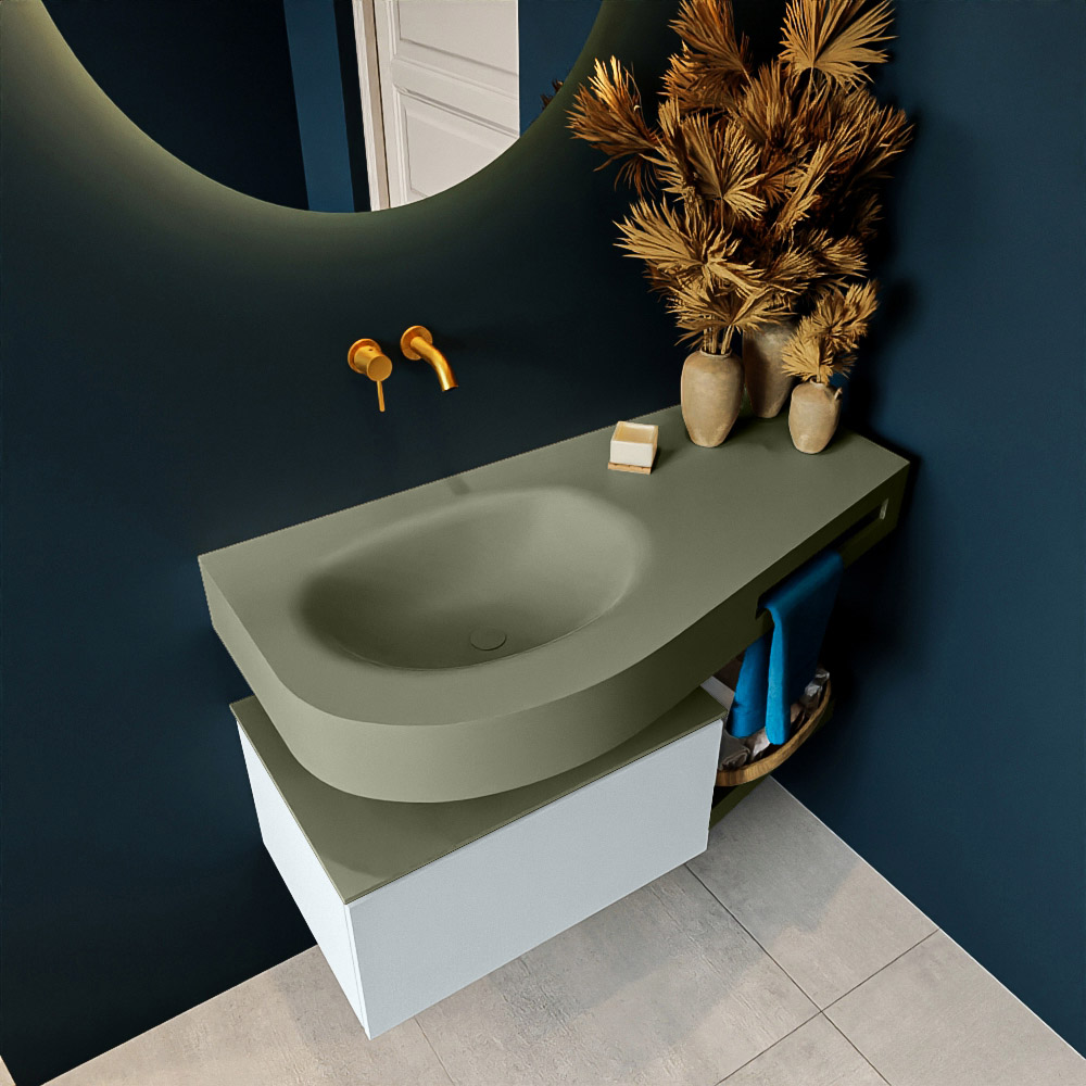 MONDIAZ RIVA 100cm mueble de baño / estante color Clay con 1 cajón. Lavabo DULCET Izquierda sin orificio, color Army. 2 color Army.