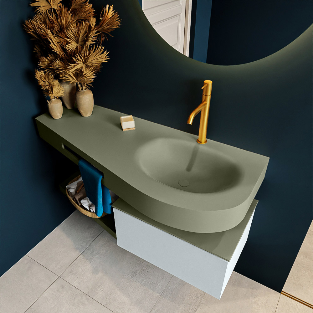 MONDIAZ RIVA 120cm mueble de baño / estante color Clay con 1 cajón. Lavabo DULCET Derecho 1 orificio, color Army. 2 color Army.