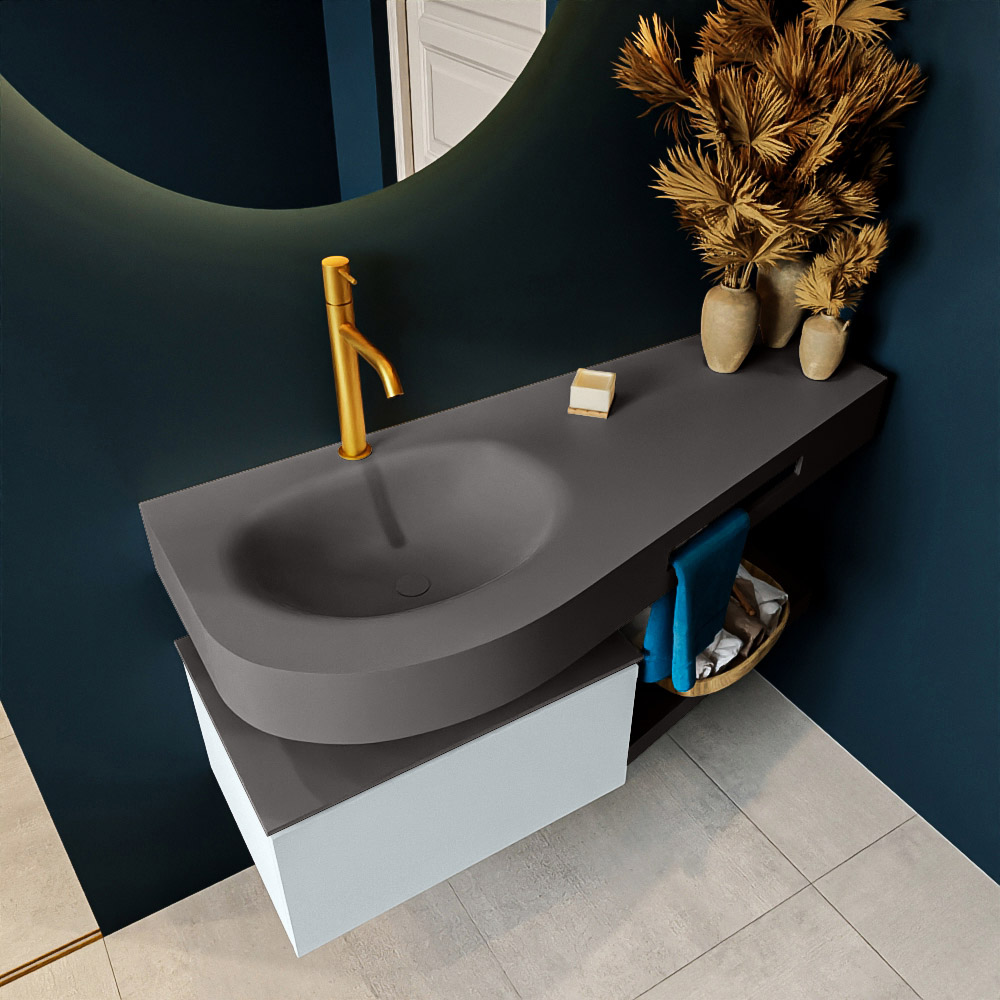 MONDIAZ RIVA 120cm mueble de baño / estante color Clay con 1 cajón. Lavabo DULCET Izquierda 1 orificio, color Dark Grey. 2 color Dark Grey.
