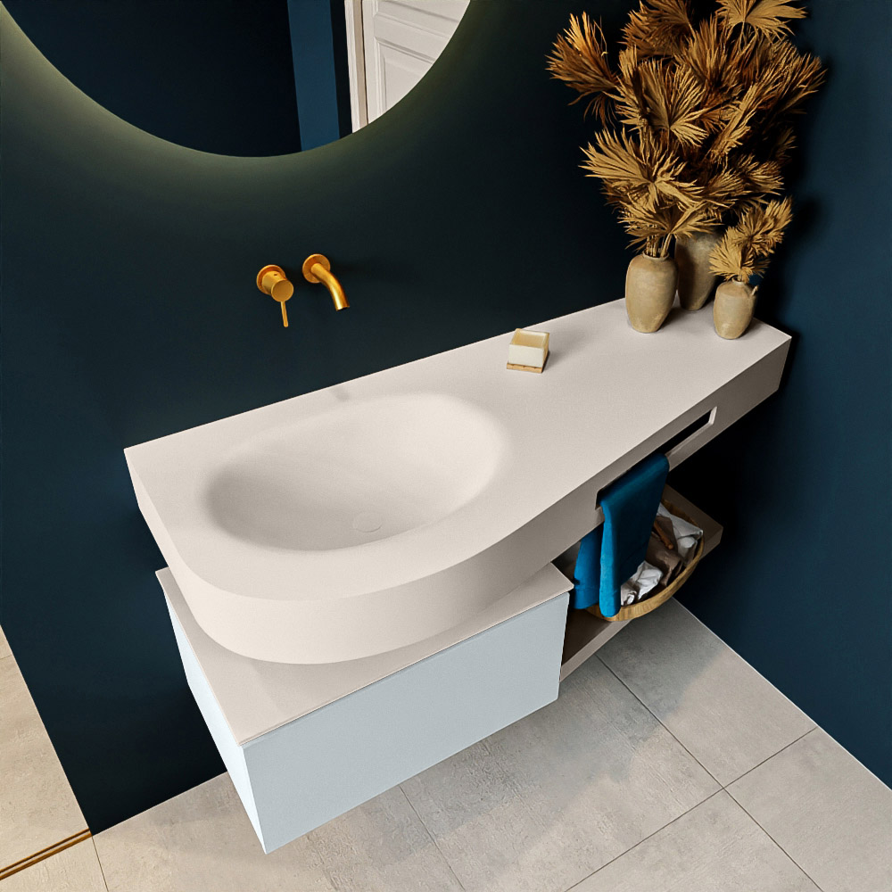 MONDIAZ RIVA 120cm mueble de baño / estante color Clay con 1 cajón. Lavabo DULCET Izquierda sin orificio, color Linen. 2 color Linen.