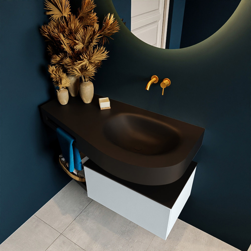 MONDIAZ RIVA 100cm mueble de baño / estante color Clay con 1 cajón. Lavabo DULCET Derecho sin orificio, color Urban. 2 color Urban.