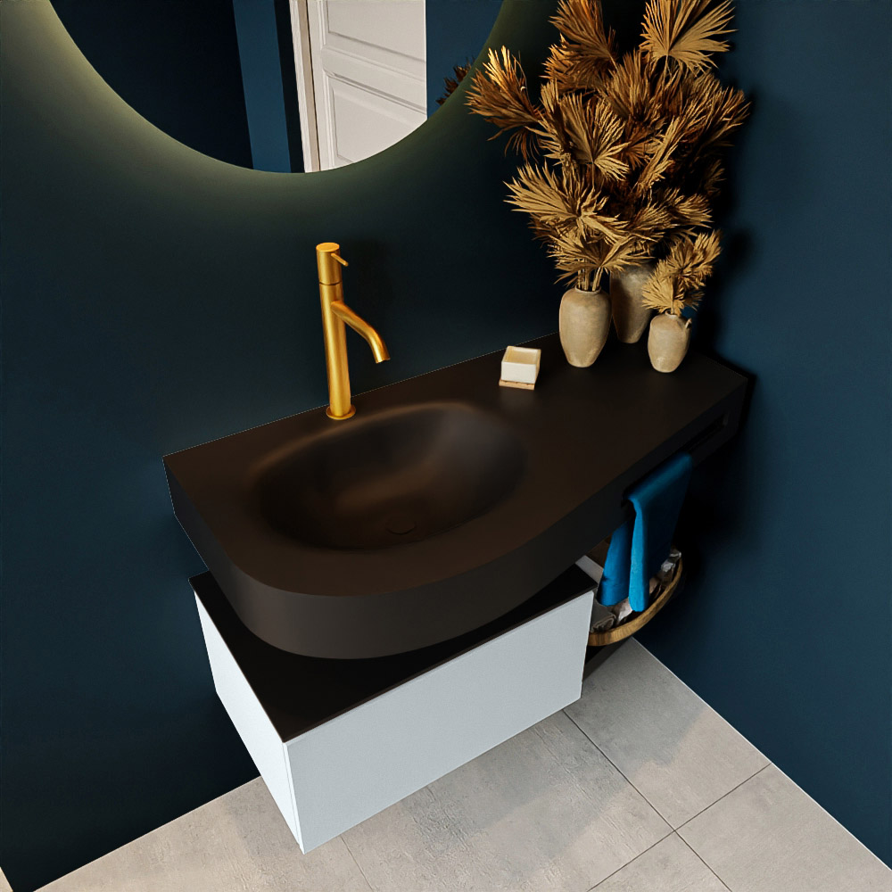 MONDIAZ RIVA 100cm mueble de baño / estante color Clay con 1 cajón. Lavabo DULCET Izquierda 1 orificio, color Urban. 3 color Urban.