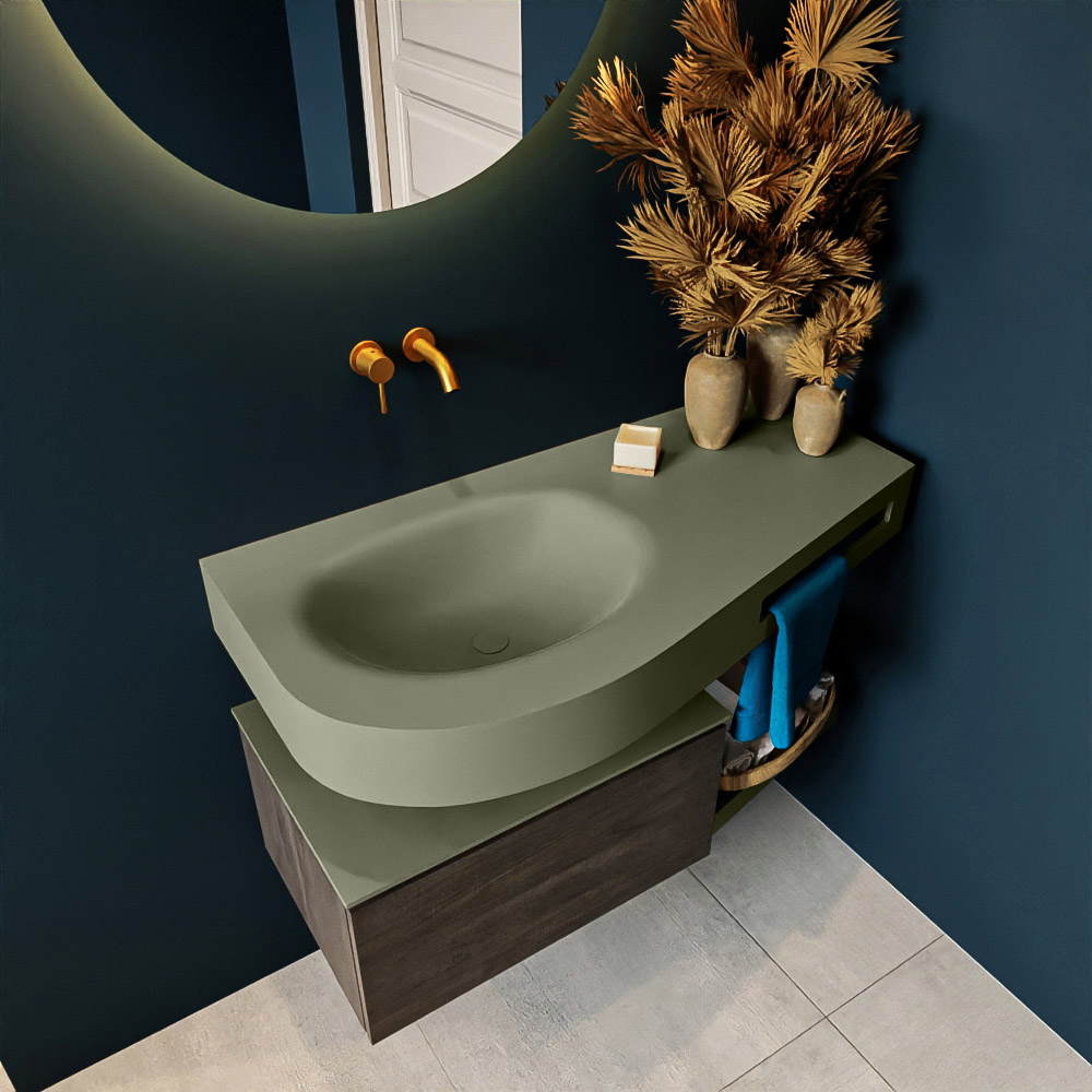 MONDIAZ RIVA 100cm mueble de baño / estante color Dark Brown con 1 cajón. Lavabo DULCET Izquierda sin orificio, color Army. 2 color Army.