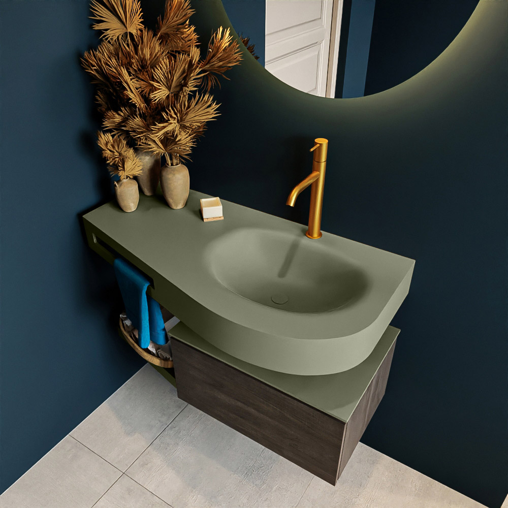 MONDIAZ RIVA 100cm mueble de baño / estante color Dark Brown con 1 cajón. Lavabo DULCET Derecho 1 orificio, color Army. 2 color Army.