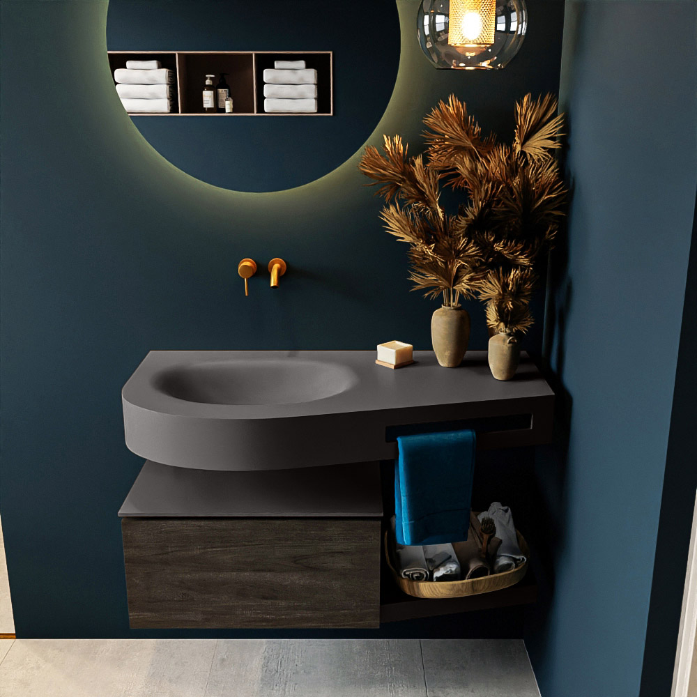 MONDIAZ RIVA 100cm mueble de baño / estante color Dark Brown con 1 cajón. Lavabo DULCET Izquierda sin orificio, color Dark Grey. - Imagen 3
